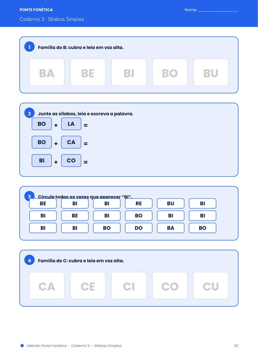 Página real do Caderno 3 — Sílabas Simples