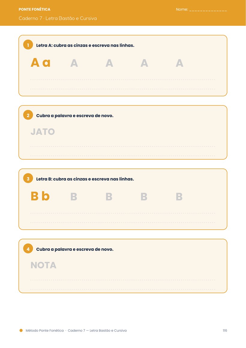 Página real do Caderno 7 — Letra Bastão e Cursiva